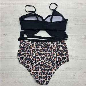 High Waisted Printing Front Criss Cross Cutout Bandage Bathing Suit with Bottom thumbnail 6