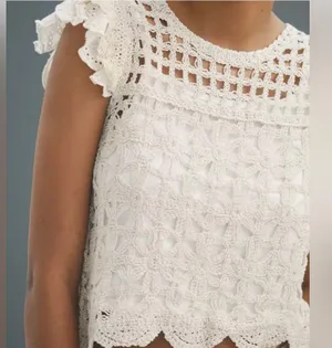 Bishop + Young from Anthropologie Crochet Cream Eyelet Flutter Sleeves top XXS thumbnail 1