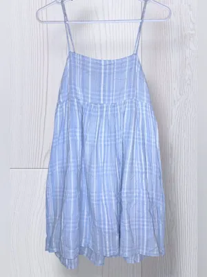 AMERICAN EAGLE Light Blue Plaid Textured Babydoll Mini Sundress | Cami Straps thumbnail 3