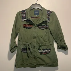 ModCloth- Olive Green Capulet Embroidered Aztec Utility Anorak Jacket- Size S thumbnail 2