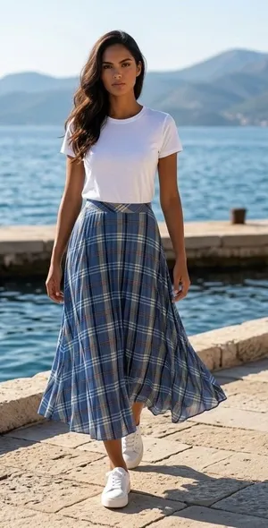 8 BY YOOX Blue Plaid Pleated Maxi Skirt Made in Italy Size IT 44‎ US 8 Picnic thumbnail 1