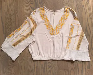 Free People Embroidered V-Neck Peasant Top in Cream and Mustard thumbnail 1