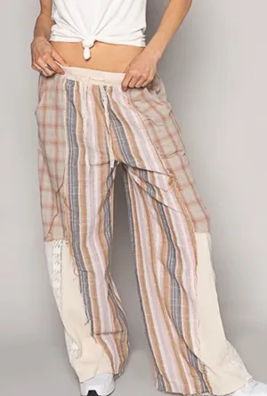 POL NEW relaxed fit patchwork cotton pants plaid, stripes, lace detail medium thumbnail 1