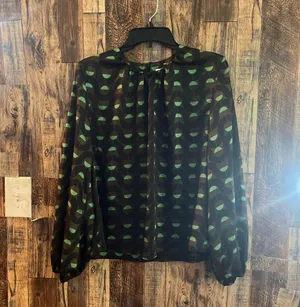 ZARA Olive Green Geometric Print Long Bishop Sleeve Satin Blouse | XL (aa) thumbnail 1