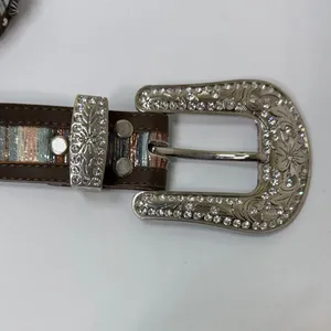 Studded Multicolor Leather Belt with Silver Buckle Brown thumbnail 2
