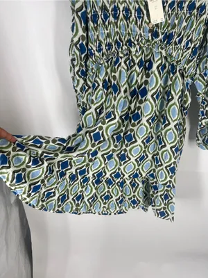 Anthropologie Navy and Cream Geometric Ruffle Mini Dress thumbnail 7
