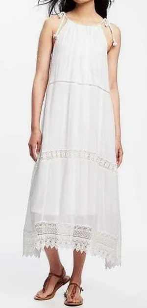 Old Navy White Cotton Sleeveless Tie Strap Crochet Trim Swing Maxi Dress M thumbnail 1
