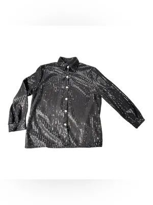 Woman's Large Black Sequin Button Down Shirt Jacket Long Sleeve Sparkle Party thumbnail 7