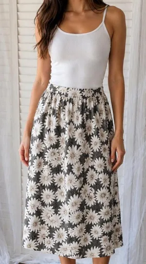 Vintage Black and white Cricket Lane floral midi skirt with elastic waistband thumbnail 1