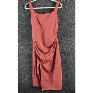 NWT Halara Softlyzero Airy Ruched Midi Dress Square Neck Slit Terracotta L thumbnail 2
