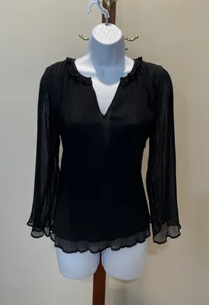 Loft Black Pleated Chiffon Long Sleeve Sheer Sleeve Ruffle Neck Blouse Size M thumbnail 1