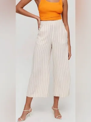 Aritzia Wilfred Fawn Wide Leg High Rise Tie Back Pants Cream Pinstripe thumbnail 2