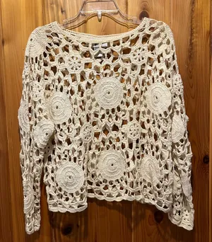 VTG Crochet Lace Top Boho Long Sleeve Shirt Ivory‎ Cream One Size thumbnail 1