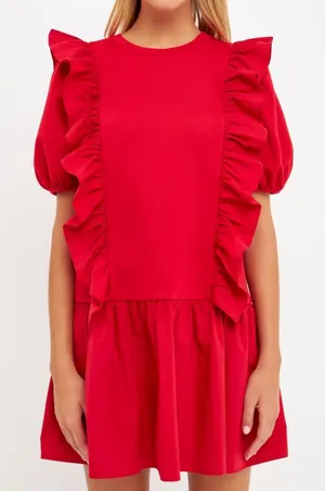 English Factory Mixed Media Ruffle Detail Puff Sleeve Mini Dress Red thumbnail 1