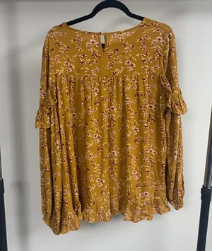 Easel Floral Mustard Yellow Ruffle Blouse Size M thumbnail 4