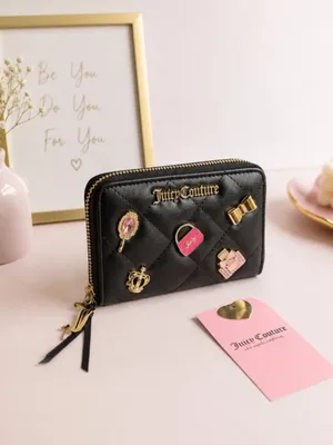 Juicy Couture Black Quilted Zip Wallet Gold Logo Charm Wristlet Y2K thumbnail 5