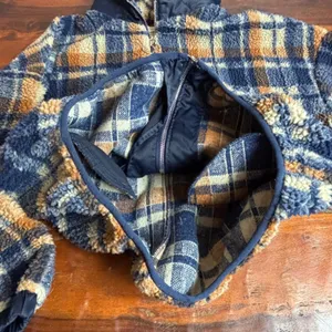 Altard State Plaid Sherpa Fleece Cropped Hooded Jacket Women's Small Navy Orange thumbnail 2