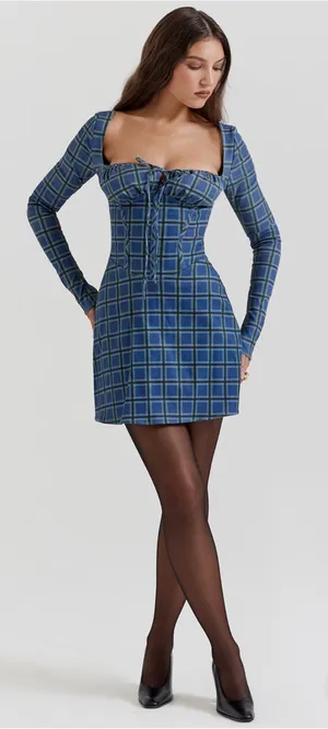House of CB Malika Blue Tartan Corset Mini Dress thumbnail 1