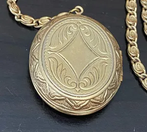 Vintage Signed 1928 Scroll Chain Link Gold-tone Locket Pendant 30” Necklace thumbnail 6