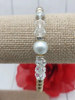 Faux Pearl Crystal Stretch Bracelets Lot of 2 Gold Tone Rhinestone Bridal thumbnail 12