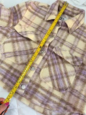 Zara Cream Purple Plaid Cropped Shacket Jacket Size S Fuzzy Cozy Fall Layer Preppy thumbnail 5