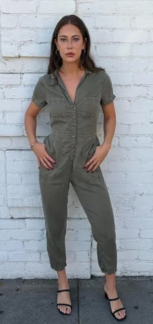 Abercrombie & Fitch olive green button front jumpsuit sz S #utility #boho #retro thumbnail 1