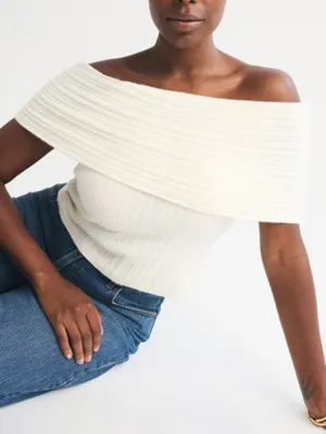 NEW Abercrombie &Fitch Ribbed Foldover Off-The-Shoulder Sweater Top Womens Large thumbnail 1