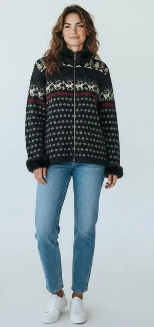 Skyr Wool Nordic Fair Isle Ski Cardigan Sweater Fur Trim M Apres Ski Cabincore thumbnail 1
