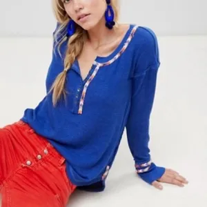 NWT Free People Blue Thermal Top thumbnail 1
