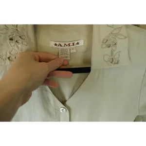Vintage AMI 100% Linen Tan Embroidered Floral Button Up Long Sleeve Womens M thumbnail 2