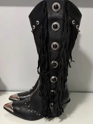 Black Fringed Western Knee-High Boots with Silver Accents thumbnail 9