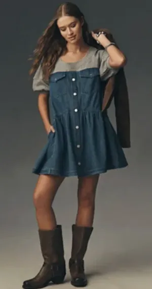 NWT Pilcro Anthropologie Oversized Denim Sweatshirt Twofer Swing Dress Womens XS thumbnail 1