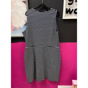 Leota Striped Ponte Sleeveless Shift Dress Navy White Pockets 3L NWT Made in USA thumbnail 3