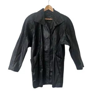 Pelle Vintage Black Leather Coat Snakeskin Detailing‎ Lined Shoulder Pads Small thumbnail 1