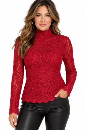 Forenza Red Lace Mock Neck Long Sleeve Top Scallop Hem Top Size Small 90’s Y2K thumbnail 1