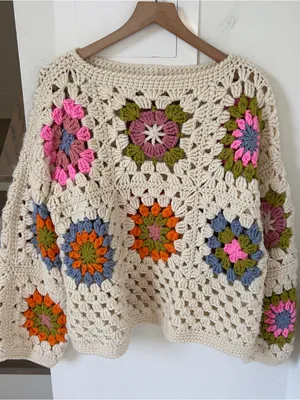Free People Society Mano Beige Granny Square Pullover Sweater thumbnail 3