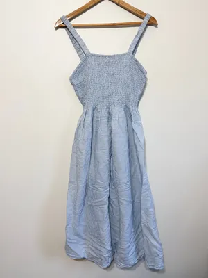 J crew smocked beach dress linen cotton stripes blue size medium thumbnail 2