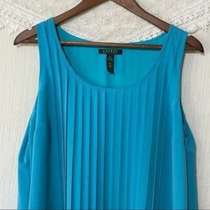Lauren Ralph Lauren Dress Womens 14 Turquoise Blue Pintuck Sleeveless Pockets thumbnail 3