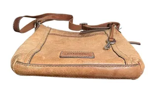 VTG FOSSIL Genuine Leather Brown Crossbody Bag Tan Satchel Zip-Top Key Charm Y2K thumbnail 5