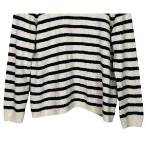 J. Crew Striped Knit Boucle Mock Neck Long Sleeve Sweater L Cream Navy Blue thumbnail 3
