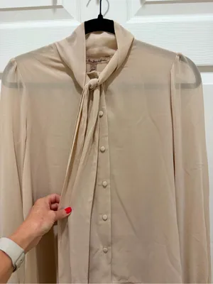 NWT For Love & Lemons Beige Chiffon Tie Neck Long Sleeve Button Down Blouse XS thumbnail 3