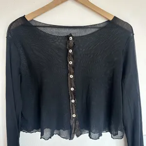 Vintage Y2K Sheer Mesh Black Cropped Cardigan Top Lettuce Hem Vamp Goth Witchy thumbnail 7