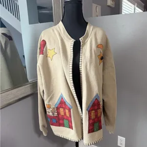 Jerzees VTG Cottagecore Granny Twee Patchwork Farmhouse Beige Cardigan Large. thumbnail 2