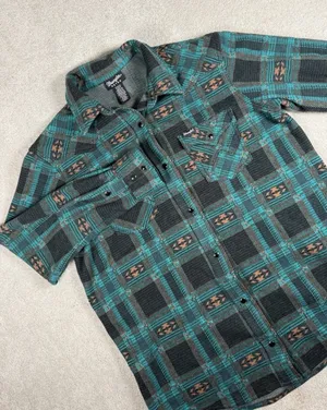WRANGLER S Retro Punch Boyfriend Flannel‎ Shacket Aztec southwestern print Pearl thumbnail 1