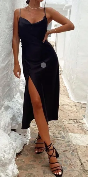 Zara Black Satin Silky Button Side Midi Dress Size M 7969/221/800 thumbnail 1