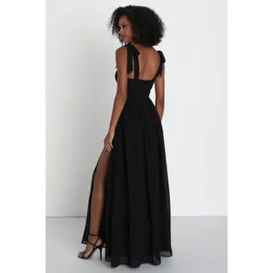 NWT Lulus Radiant Charisma Black Chiffon Ruched Tie-Strap Maxi Dress Wedding XS thumbnail 2