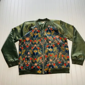 Francesca's Mi‎ Ami Floral Velvet Bomber Jacket Olive Green Satin Large NWOT thumbnail 2