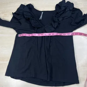Anthropologie Black Ruffle V-Neck Puff Sleeve Knit Top Small Boho Romantic thumbnail 8