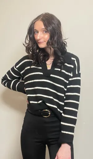 Nine West Black & White Striped V-Neck Pullover thumbnail 1