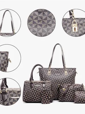 Women's Fashion 5-Piece Brown Plaid Satchel Handbag Set AT6 thumbnail 4